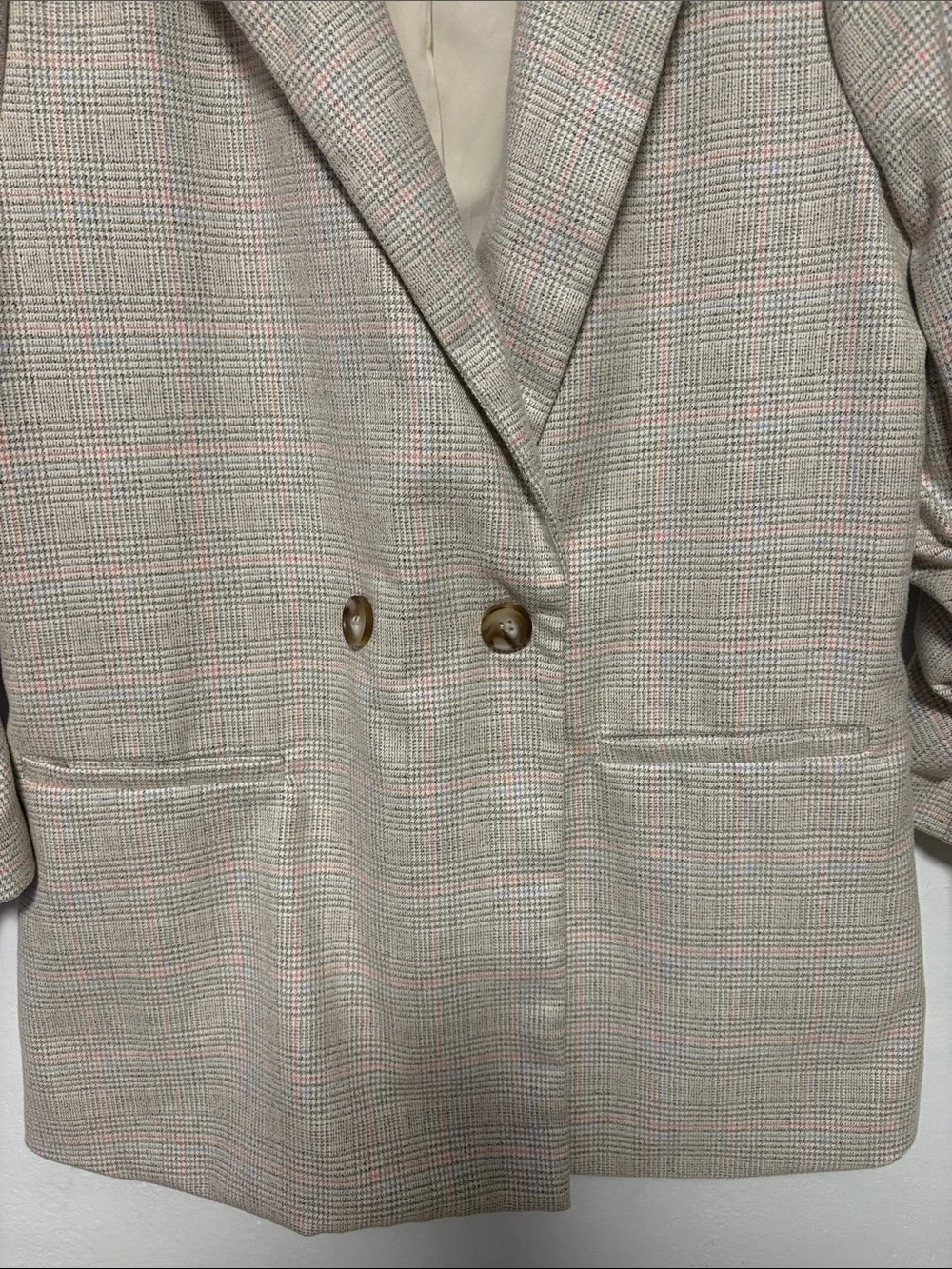 SKIES Are BLUE Plaid Blazer | Size L | Ruched Sleeve Double Button Jacket